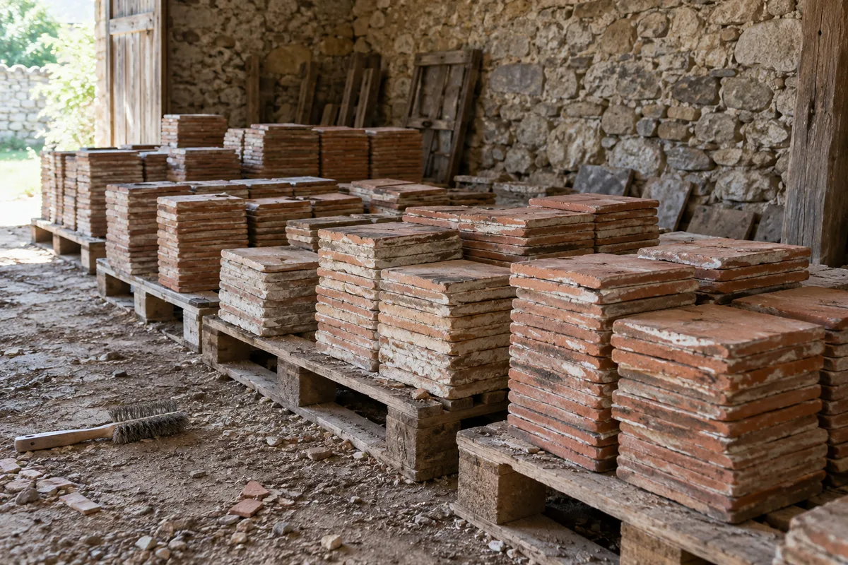 Pile de tomettes anciennes de récupération triées sur des palettes dans une grange
