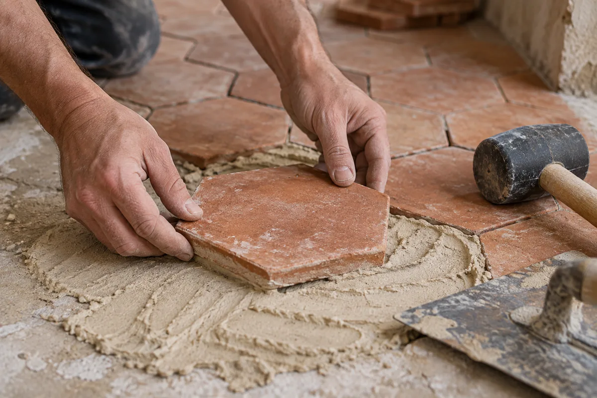 Mains posant une tomette hexagonale sur un lit de mortier de chaux beige