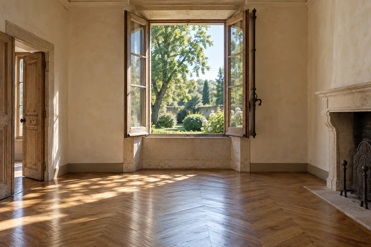 Fenêtre à deux vantaux ouverte sur un jardin dans une pièce ancienne au parquet de chêne