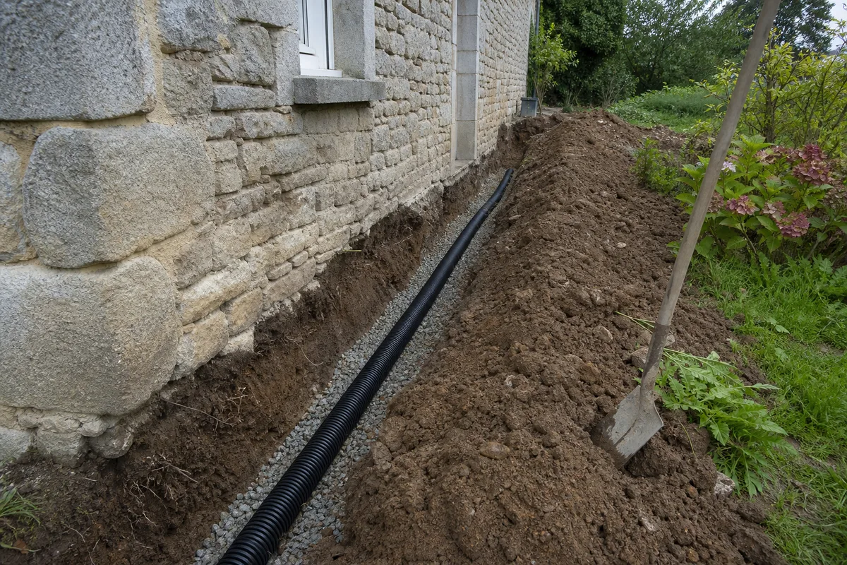 Tranchée de drainage ouverte le long d’une façade ancienne en pierre