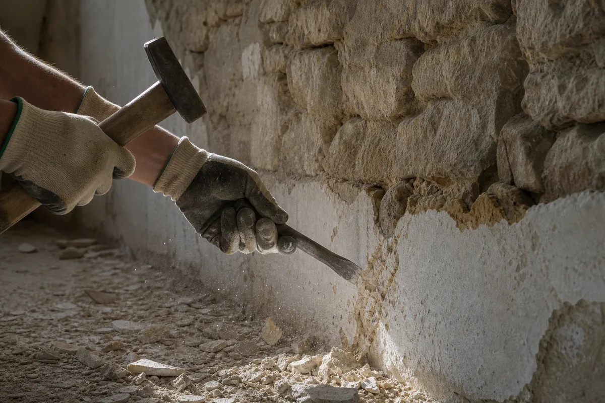 Mains gantées piquant un enduit dégradé au pied d’un mur en pierre ancienne